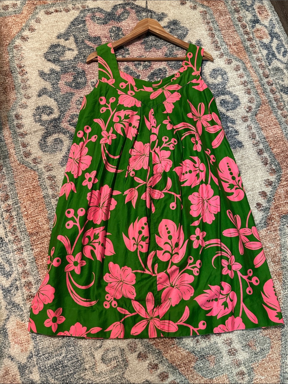 Vintage Handmade Vibrant Green Dress with Pink Tropical Floral Print